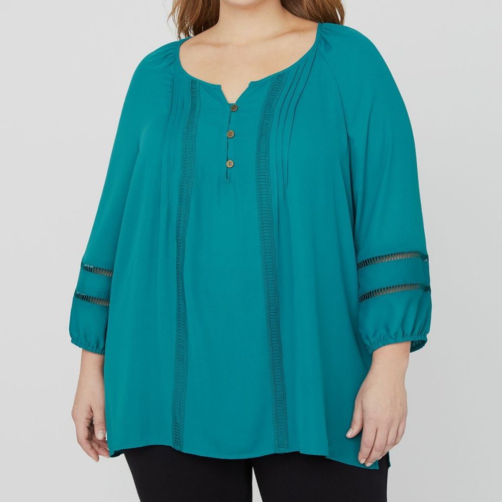 Catherines Boho Tunic Top Blue 3/4 Sleeve Plus Petite 3X